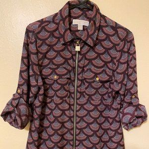 Michael Kors Dog Tag Zip Top Burgundy Scalloped Pattern Women's Size Medium